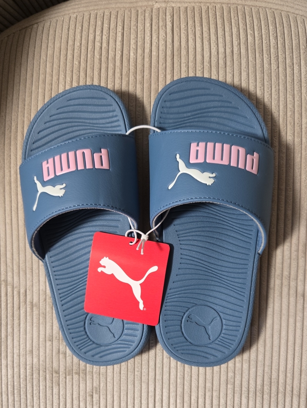 Puma Blue Slides with Pink Logo and White Puma